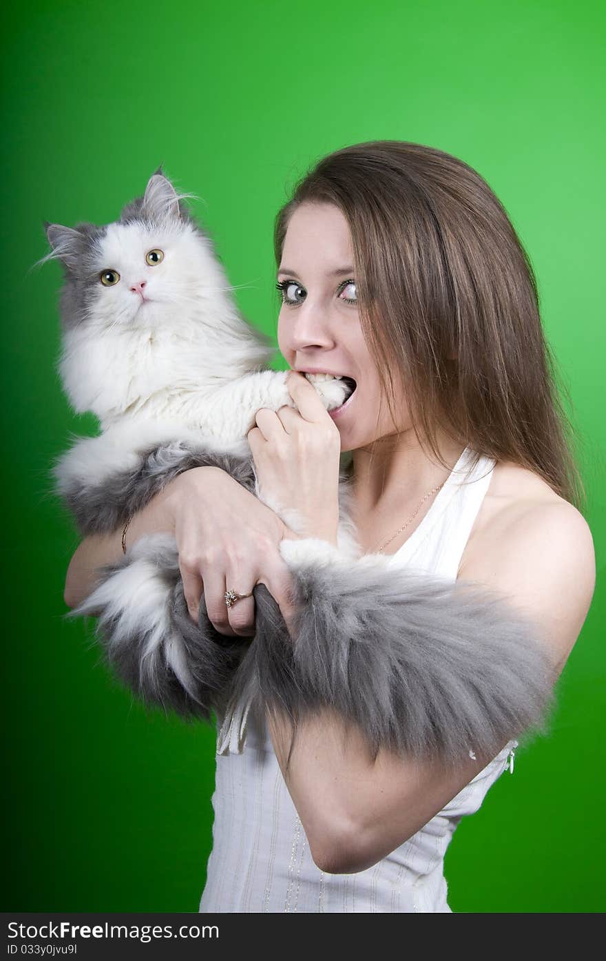 Girl and a cat on a green background isolated