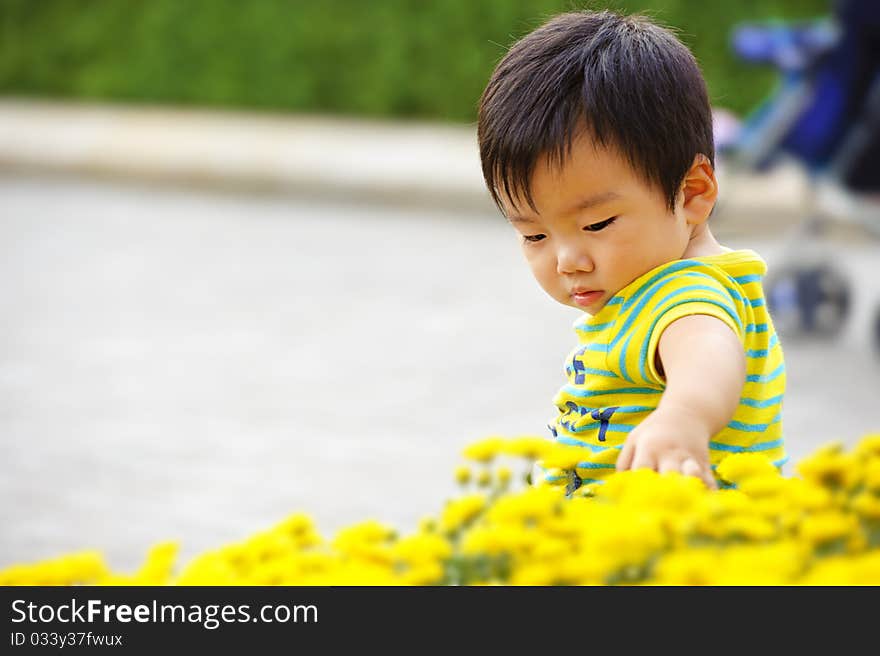 A baby is playing in garden