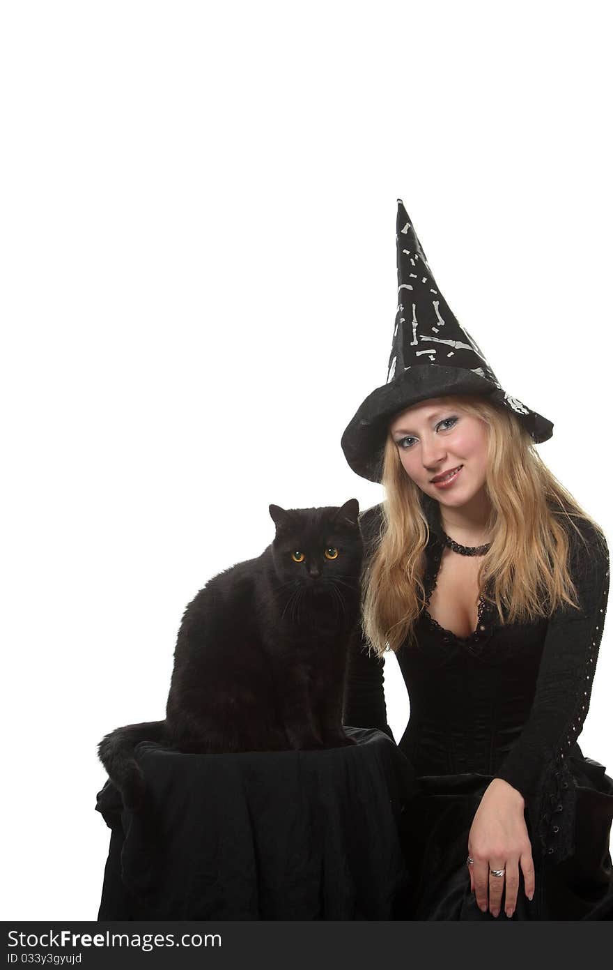 A young woman in a witch costume with a black cat. A young woman in a witch costume with a black cat