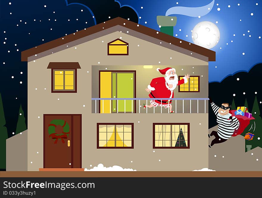 Funny illustration of Santa Claus running to catch a burglar who came inside the house and stole Santa’s gifts bag, while Santa was putting on his clothes getting ready to go out & start distributing the gifts. Funny illustration of Santa Claus running to catch a burglar who came inside the house and stole Santa’s gifts bag, while Santa was putting on his clothes getting ready to go out & start distributing the gifts.