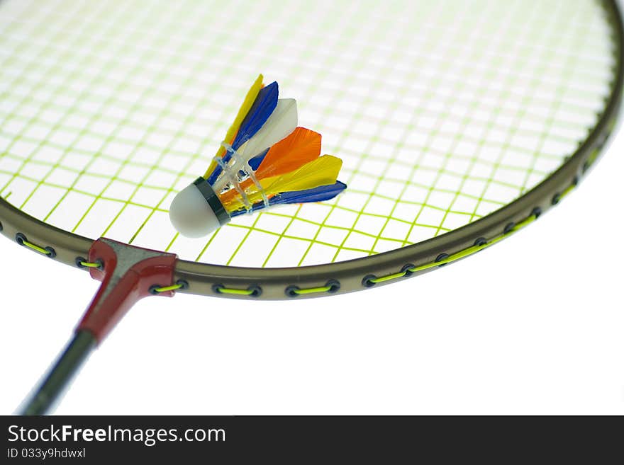 Colorful of shuttlecock on the racket