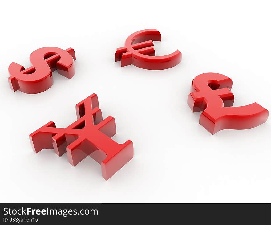 Currency 3d symbols on white background