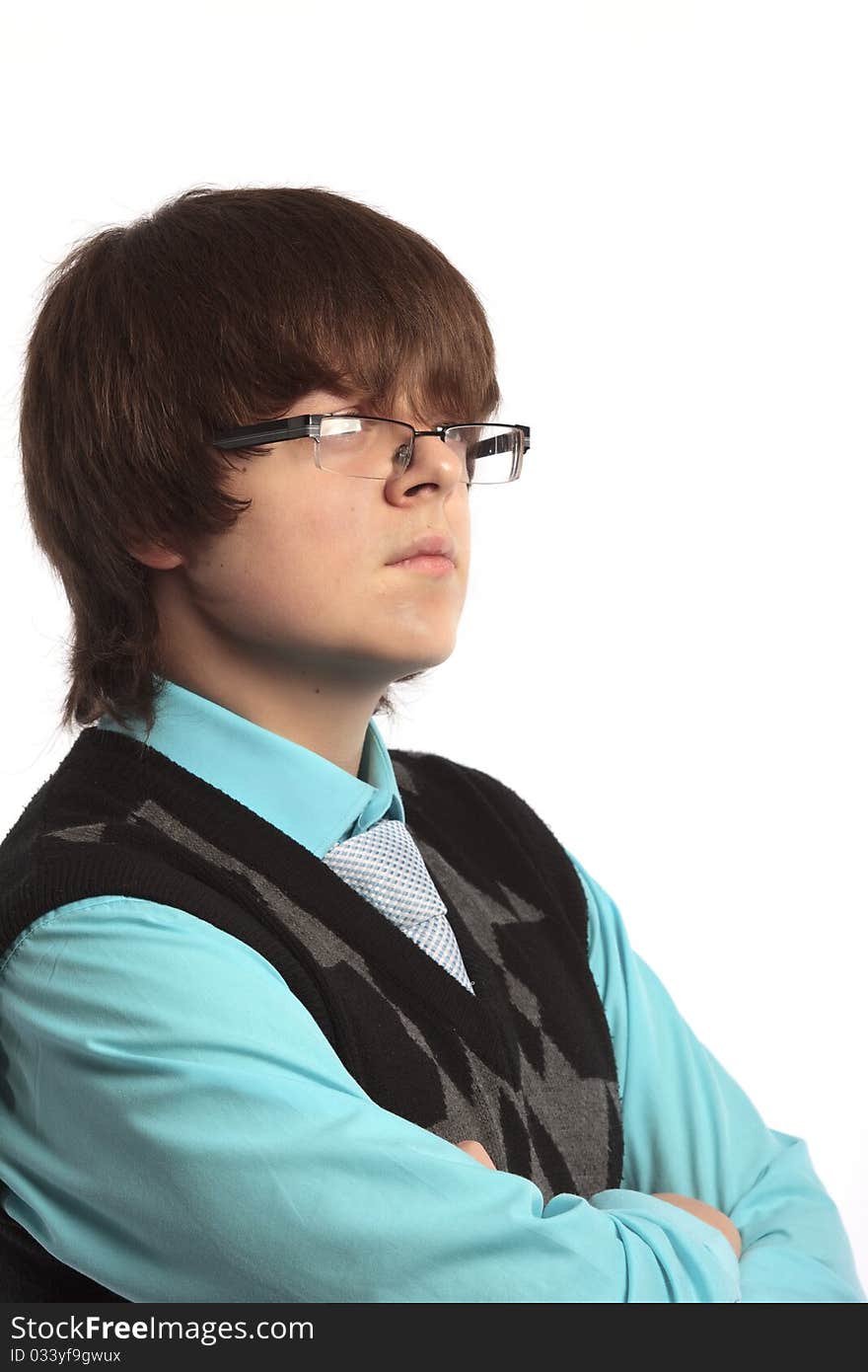 Portrait of the teenage boy with glasses isolated. Portrait of the teenage boy with glasses isolated