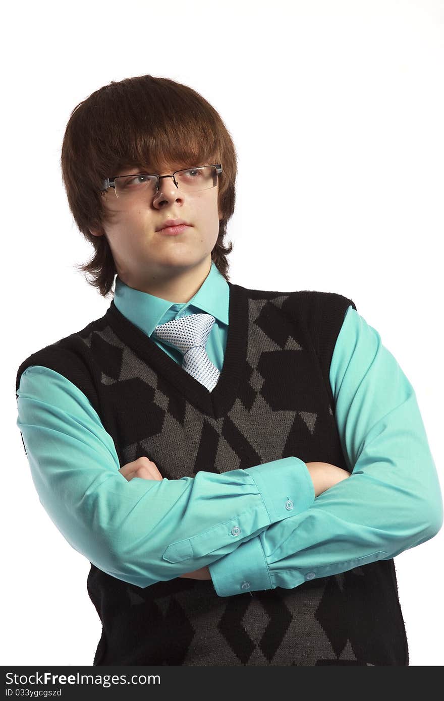 Portrait of the teenage boy with glasses isolated. Portrait of the teenage boy with glasses isolated