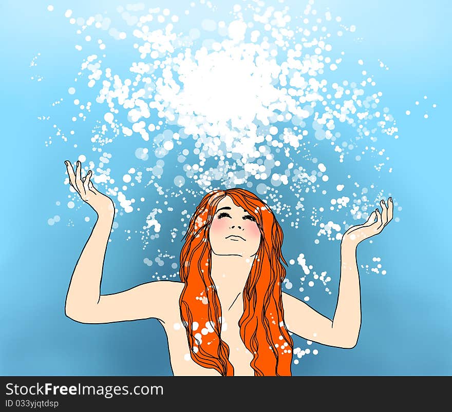 Red-haired  nude woman with white snow on the blue background. Red-haired  nude woman with white snow on the blue background