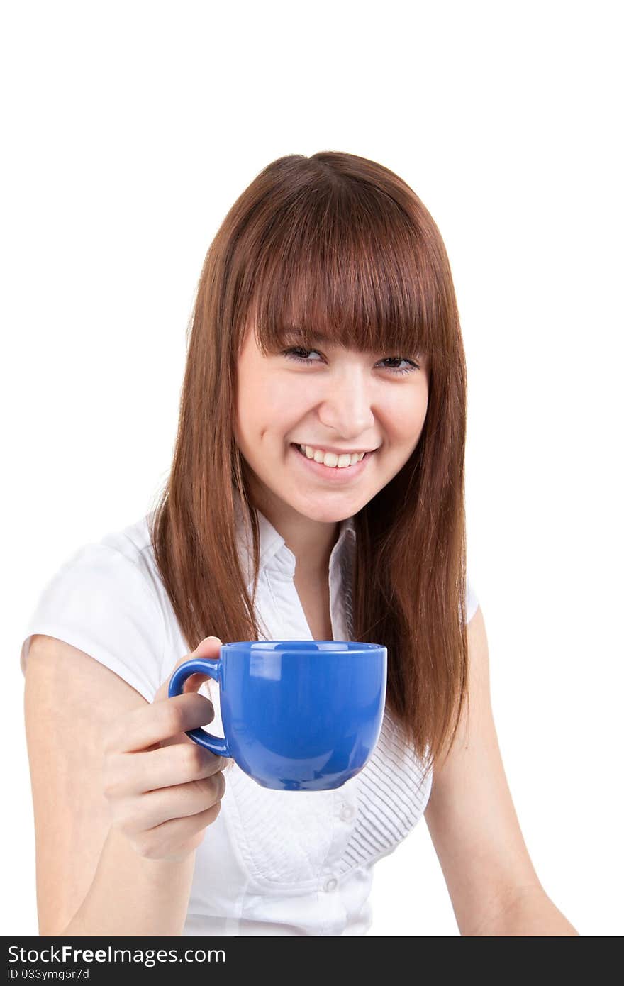 The beautiful girl with a dark blue cup. The beautiful girl with a dark blue cup