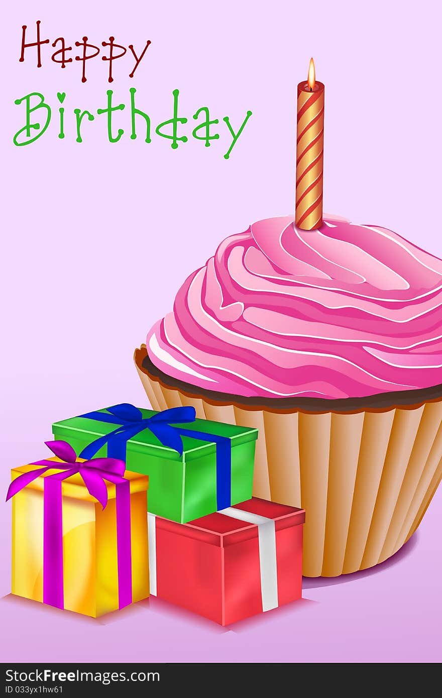 Illustration of birthday card with gift and ice cream. Illustration of birthday card with gift and ice cream