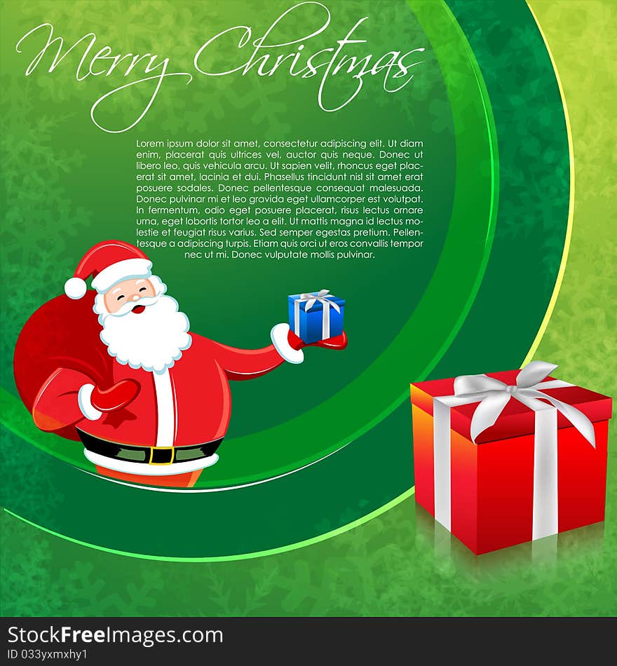 Illustration of santa in merry christmas card with gifts