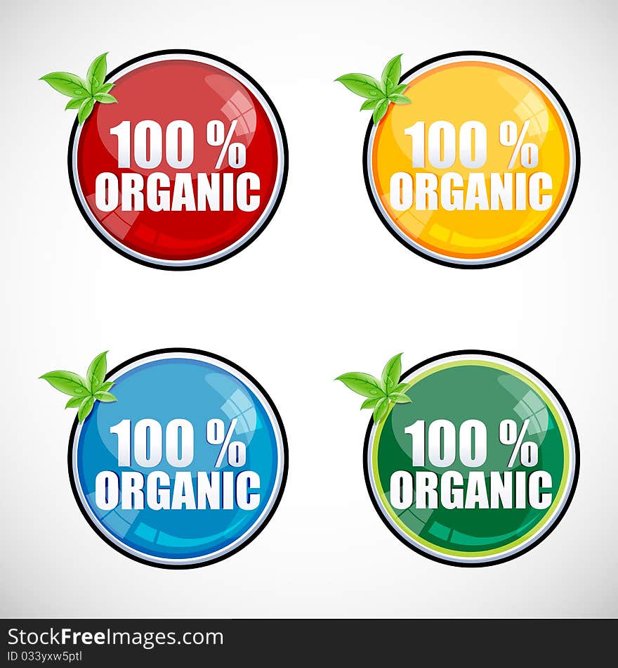 Illustration of 100% organic buttons on white background