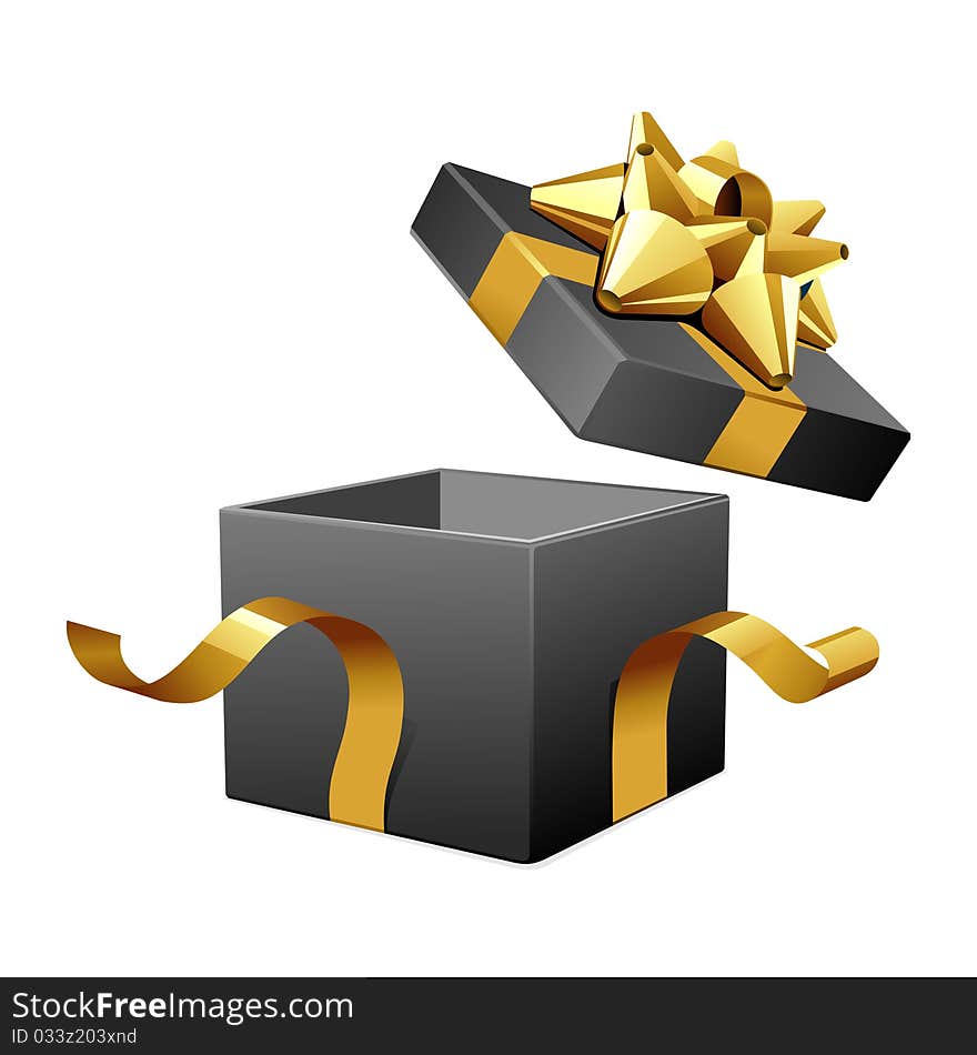 Open empty black gift with gold bow