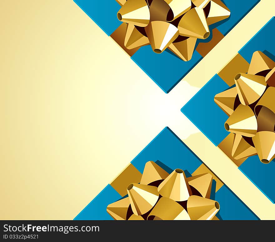 Blue gifts with gold bow top view vector background