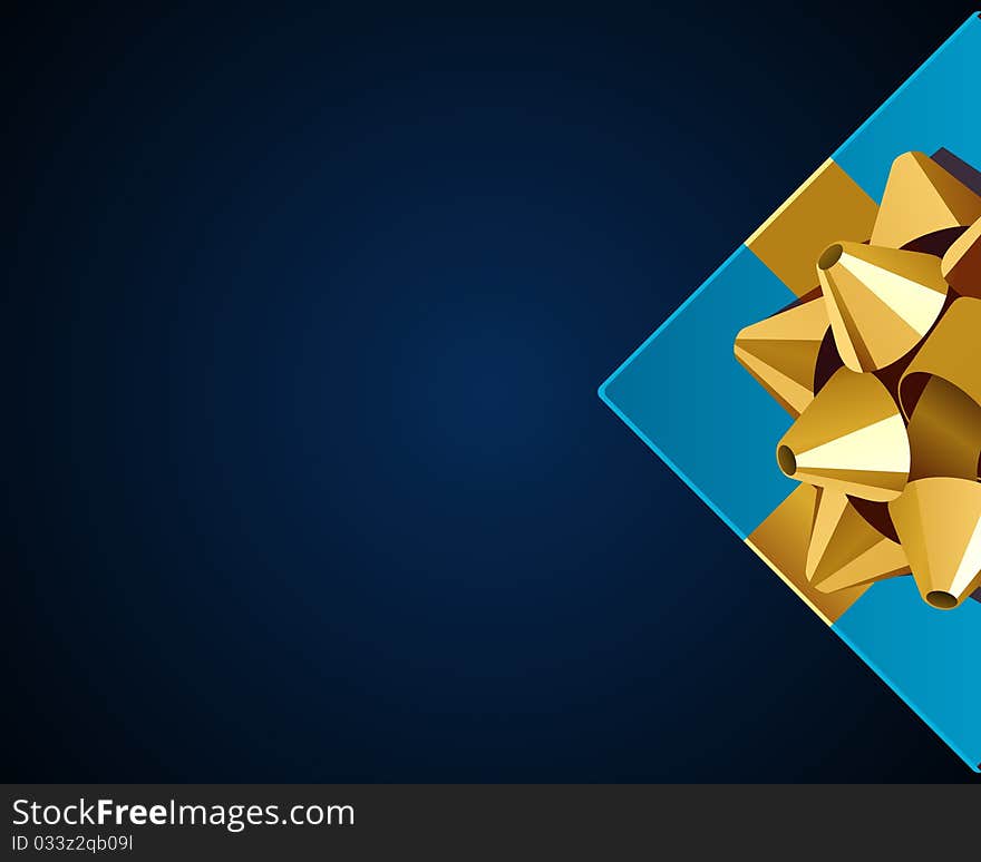 Blue gift with gold bow top view vector background