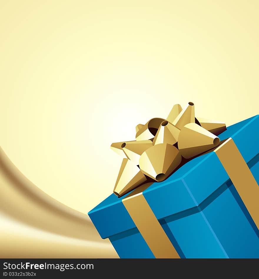 Blue gift with gold bow on silk vector background