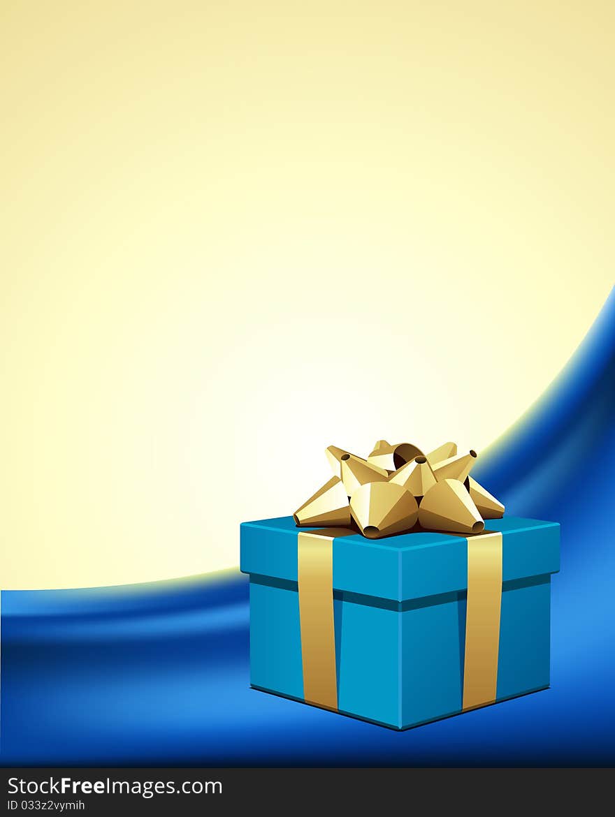 Blue gift with gold bow on silk vector background