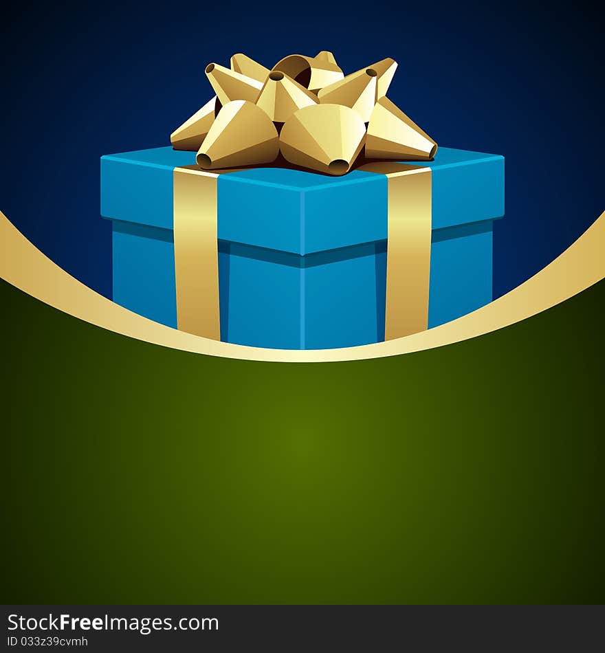 Blue gift with gold bow Christmas vector background