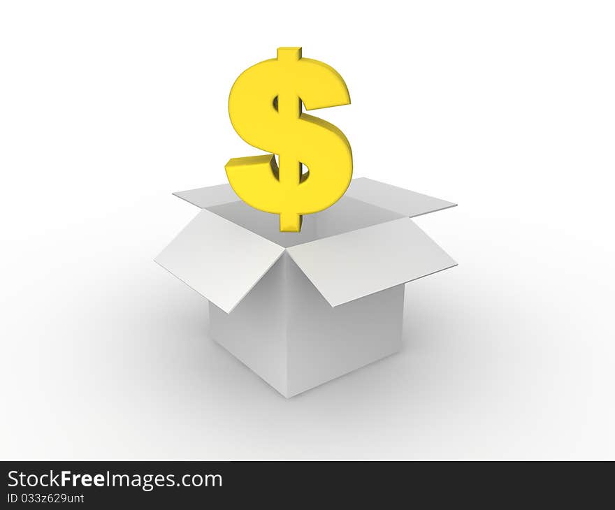 Dollar in cardboard box in 3D style