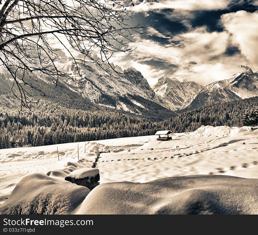 Snowy Landscape Of Italian Alps On Winter