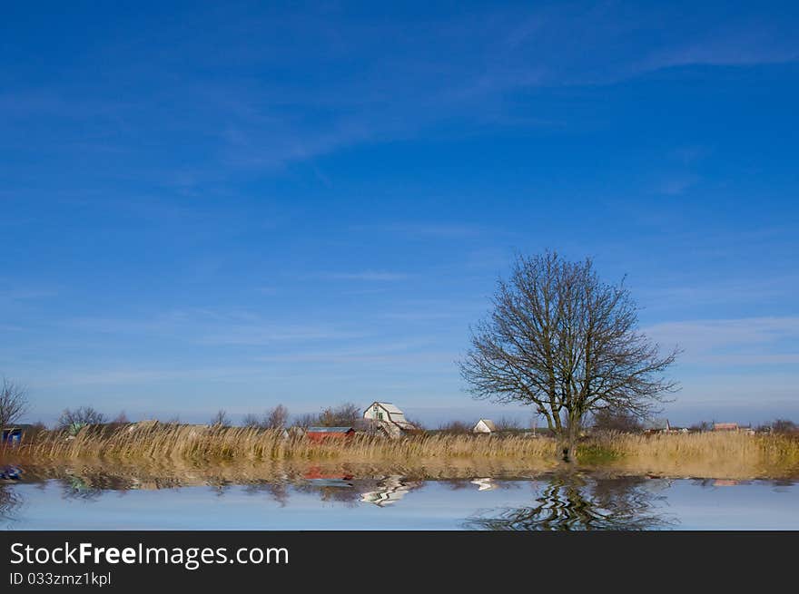 Pasture and blue sky on river