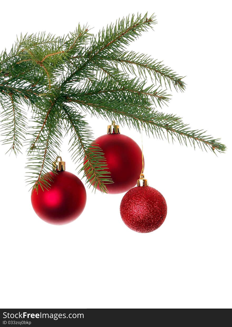 Red Christmas decoration on Christmas tree, isolated on white