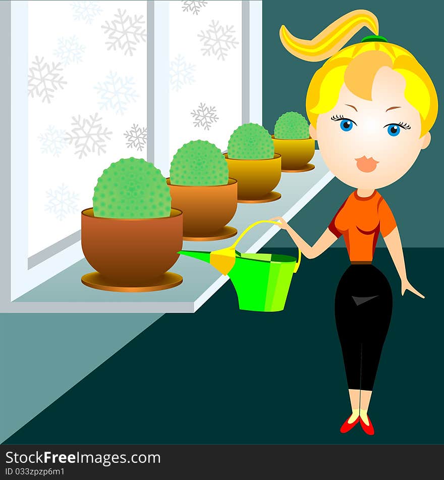 Blonde woman in a red shirt and black pants watering cacti in the window. Blonde woman in a red shirt and black pants watering cacti in the window