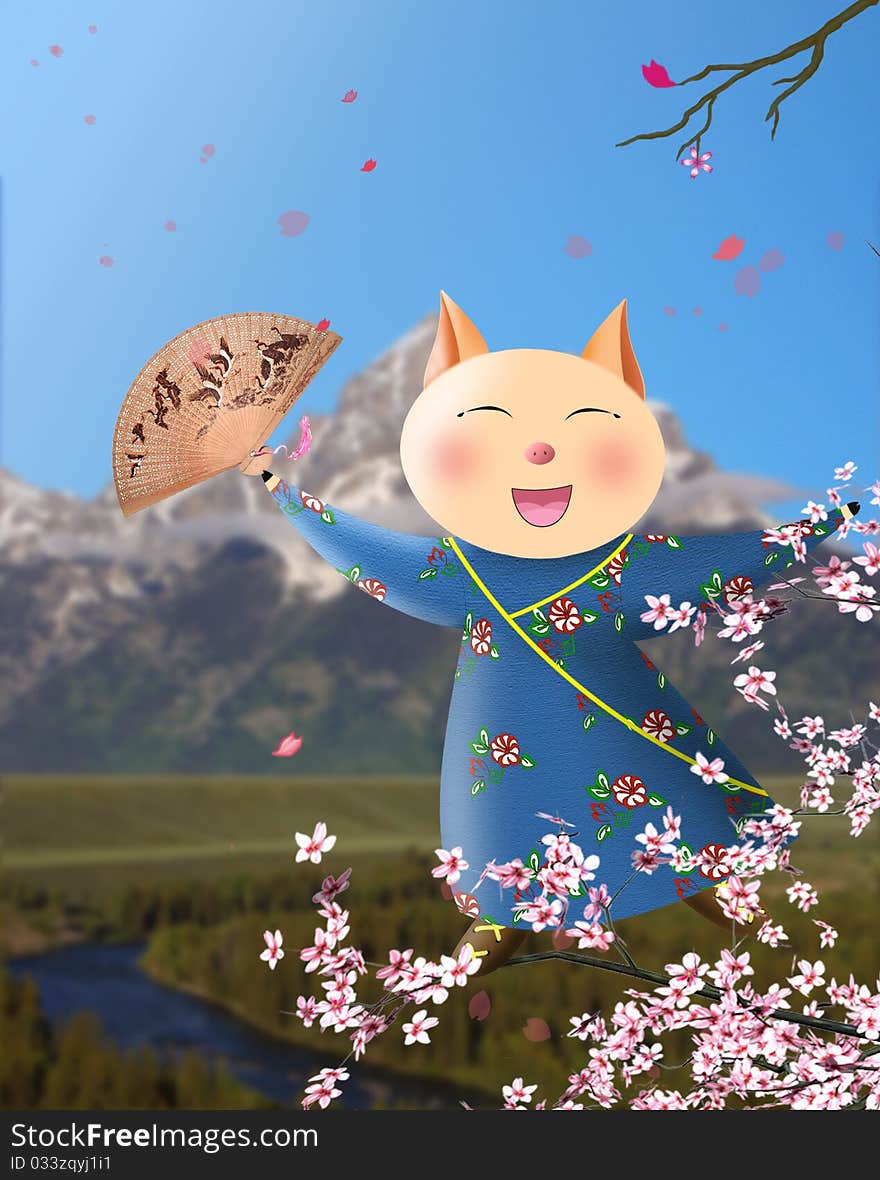 Happy cute pig dancing on branches of sakura. Digital art. Photoshop.