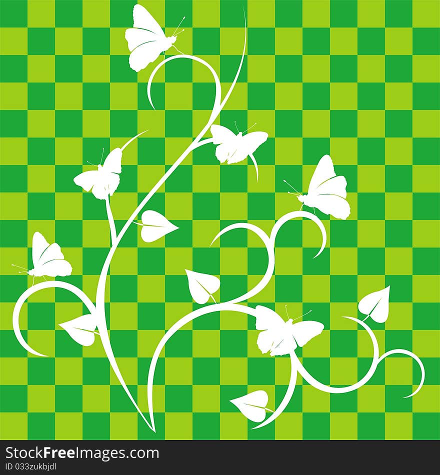 Floral decor as silhouettes of flowers and ba utterfly on a green background. Floral decor as silhouettes of flowers and ba utterfly on a green background