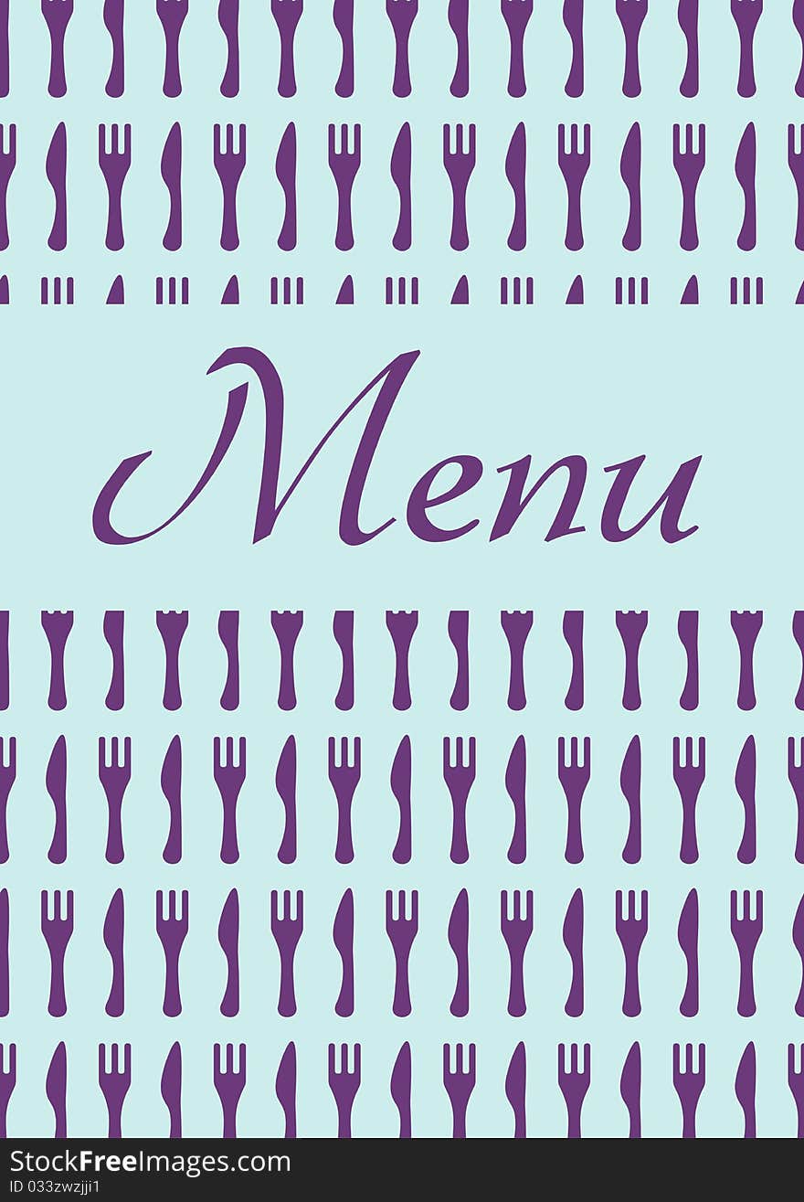 A blue menu with fork and knife texture. A blue menu with fork and knife texture