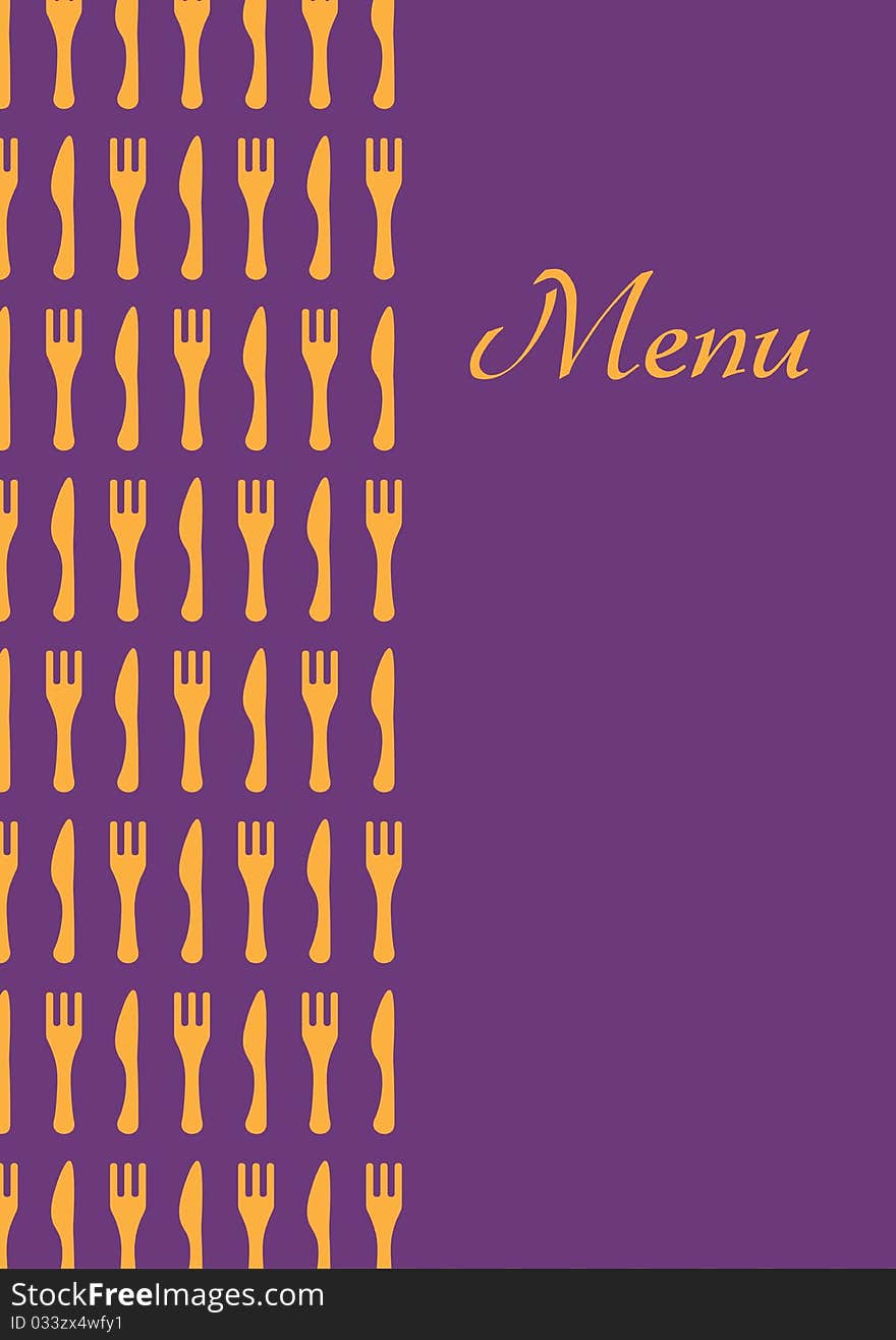 A purple menu with fork and knife texture. A purple menu with fork and knife texture