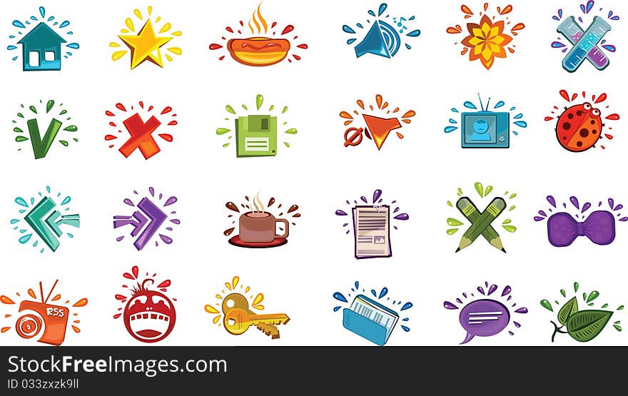 Colorful set of icons with drops of color around every item. Set contain icons for such common actions as add to favorites, go home, step forward/backward, save, view rss, open, read news, watch video and make science. Colorful set of icons with drops of color around every item. Set contain icons for such common actions as add to favorites, go home, step forward/backward, save, view rss, open, read news, watch video and make science.