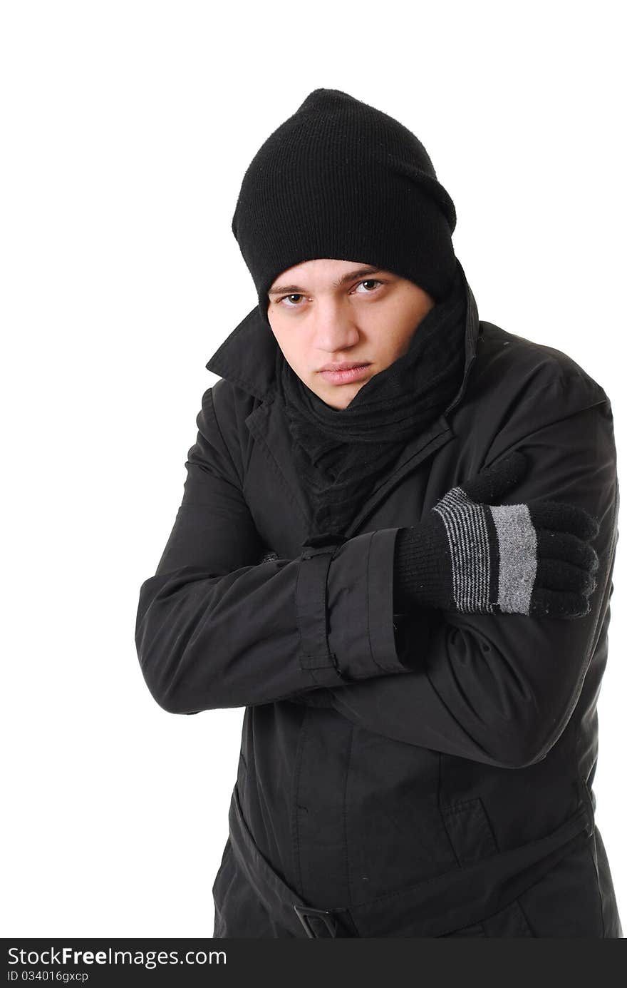 Freezing man with winter clothing