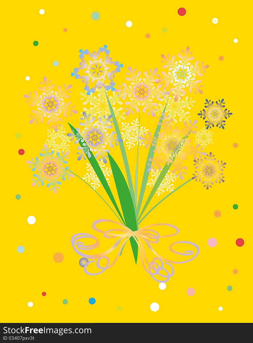 Bright new year card with snowflakes and beads on a yellow background