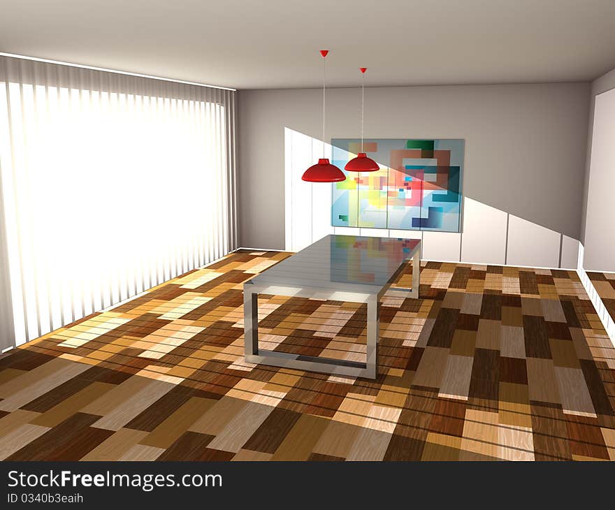 Room with laminate floor, a large metal table, mirror on the wall, painting and window through which shine bright beams of light. 3d computer modeling