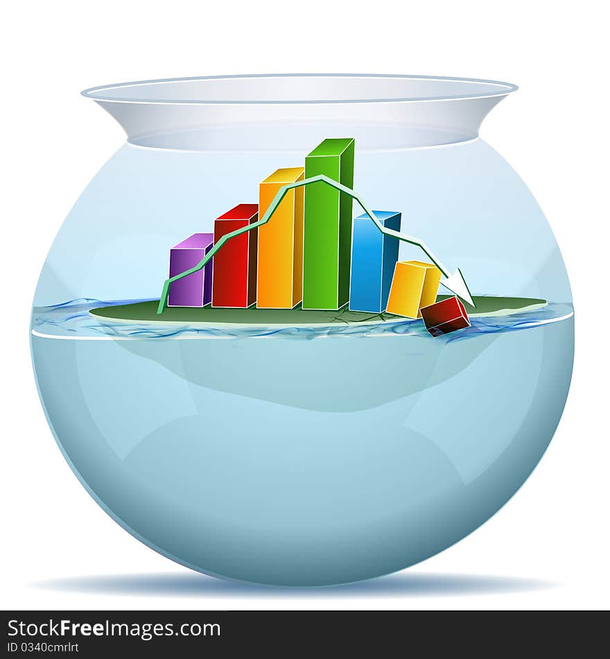 Illustration of business graph crashing in water tank on white background