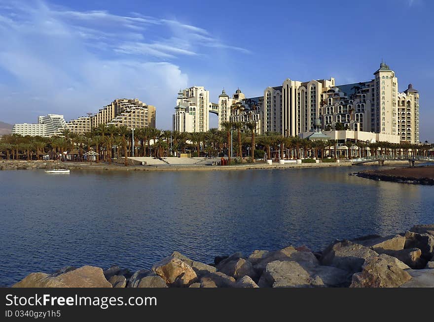 View on the beach and resort hotels in Eilat city