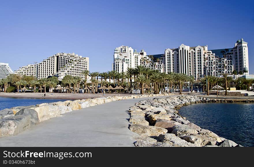 View on the beach and resort hotels in Eilat city