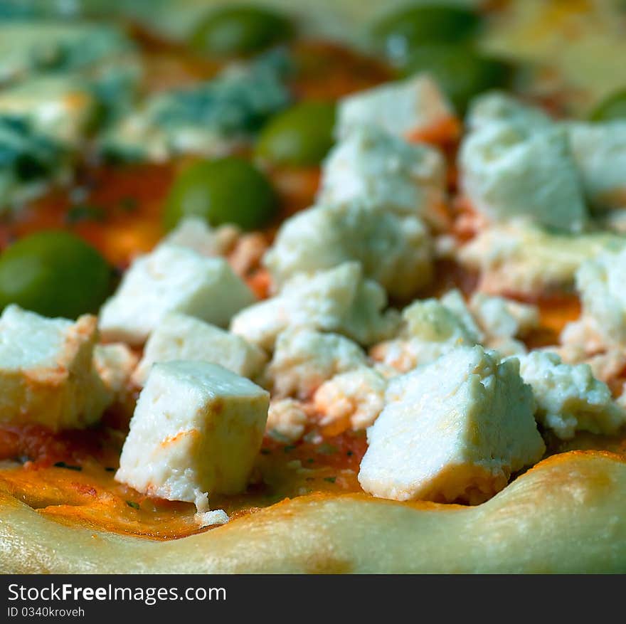 Cheese pizza with olives close