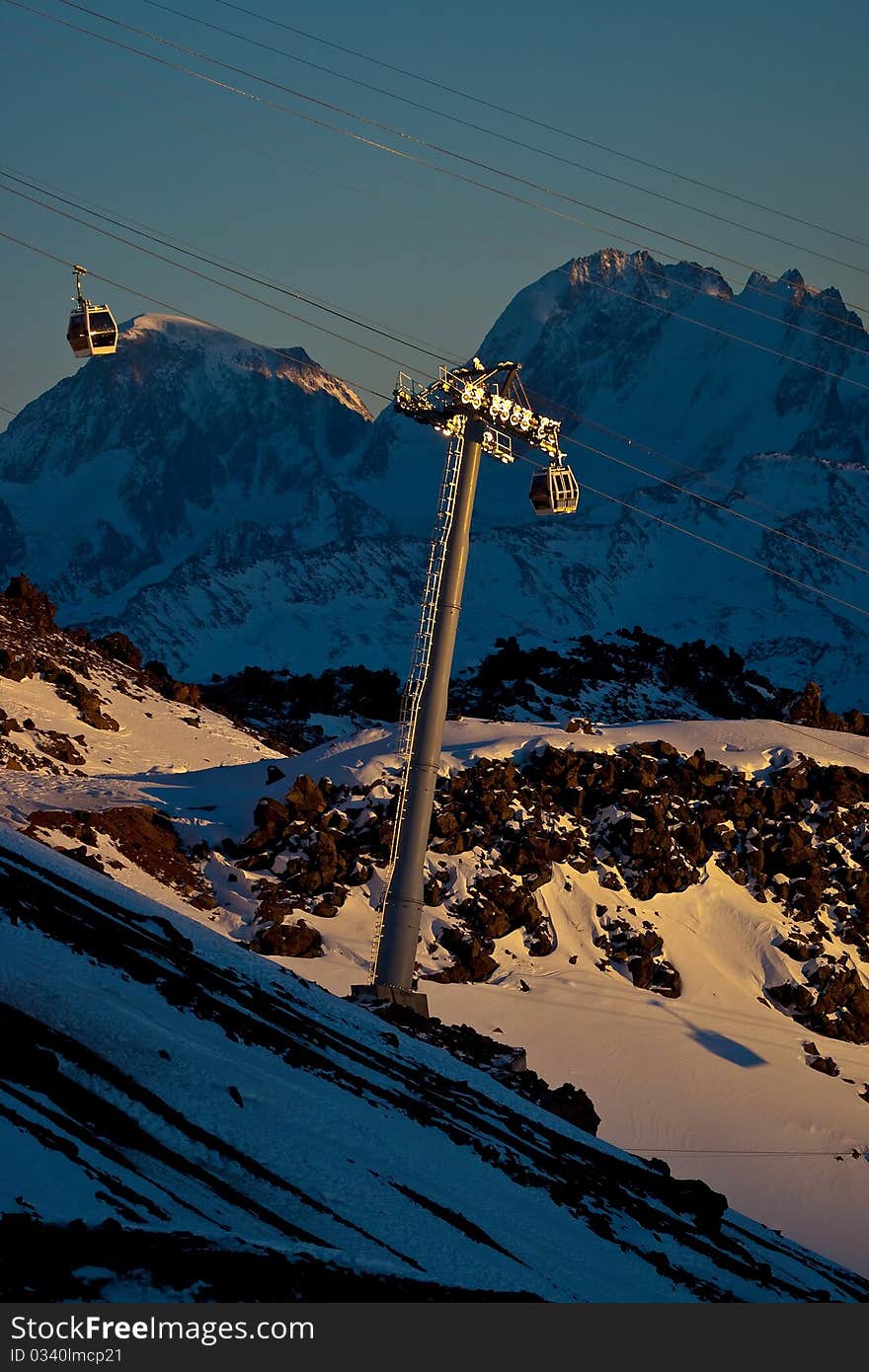 Winter sunset in the mountains, Caucasus