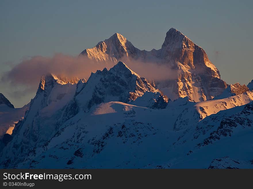 Winter sunset in the mountains, Caucasus