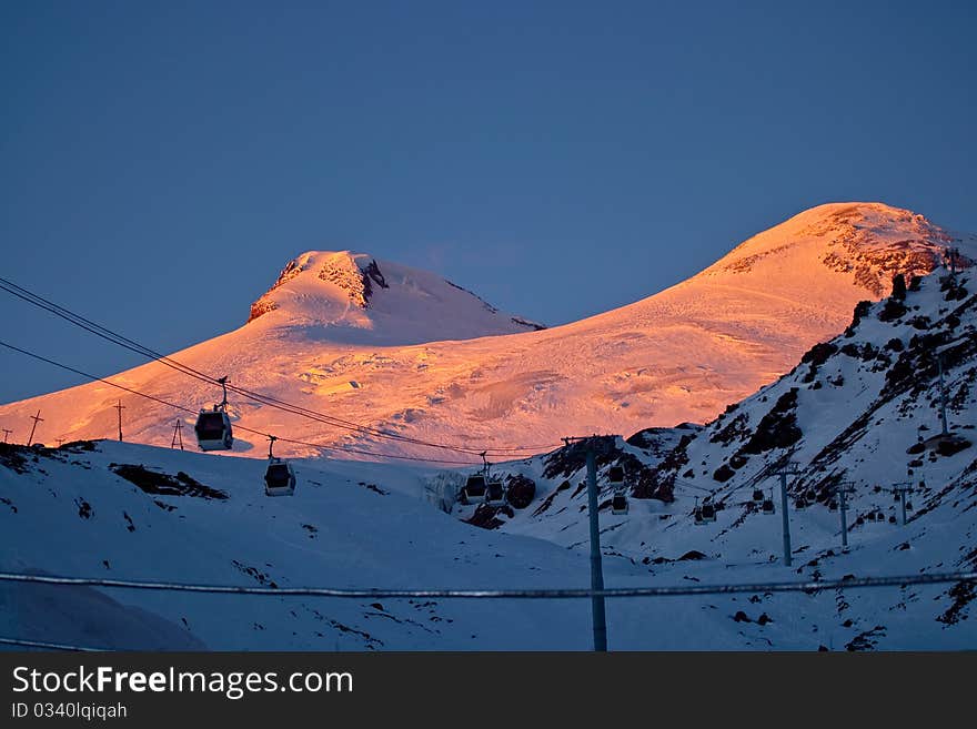 Winter sunset in the mountains, Caucasus