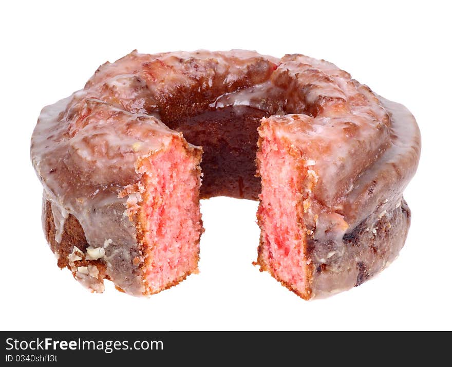 Sliced cherry cake isolated on a white background