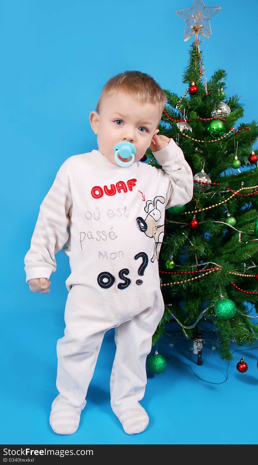 Boy near the Christmas tree on a blue background