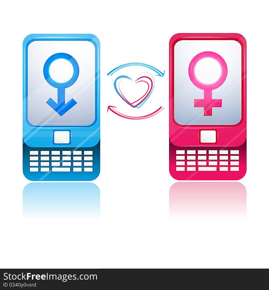 Illustration of male female talking by phone on white background. Illustration of male female talking by phone on white background