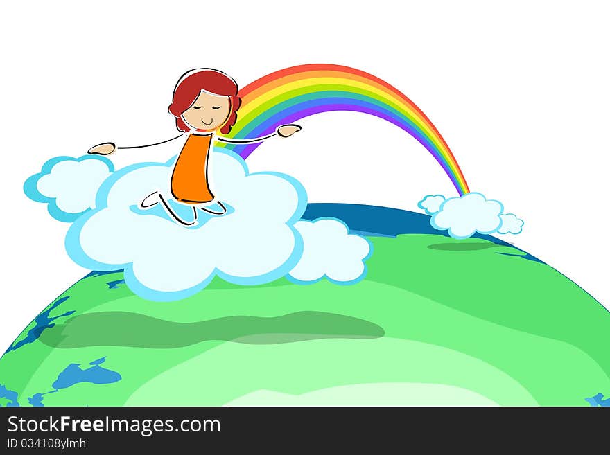 Girl on cloud with rainbow