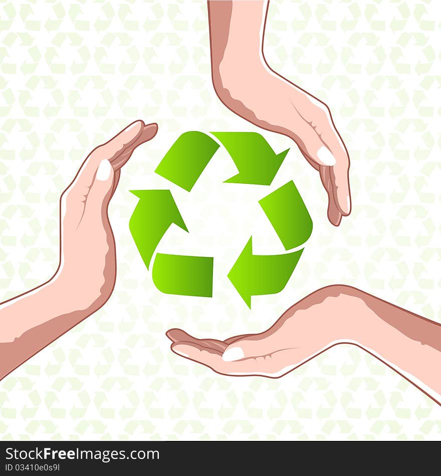 Illustration of recycle icon with hands on white background