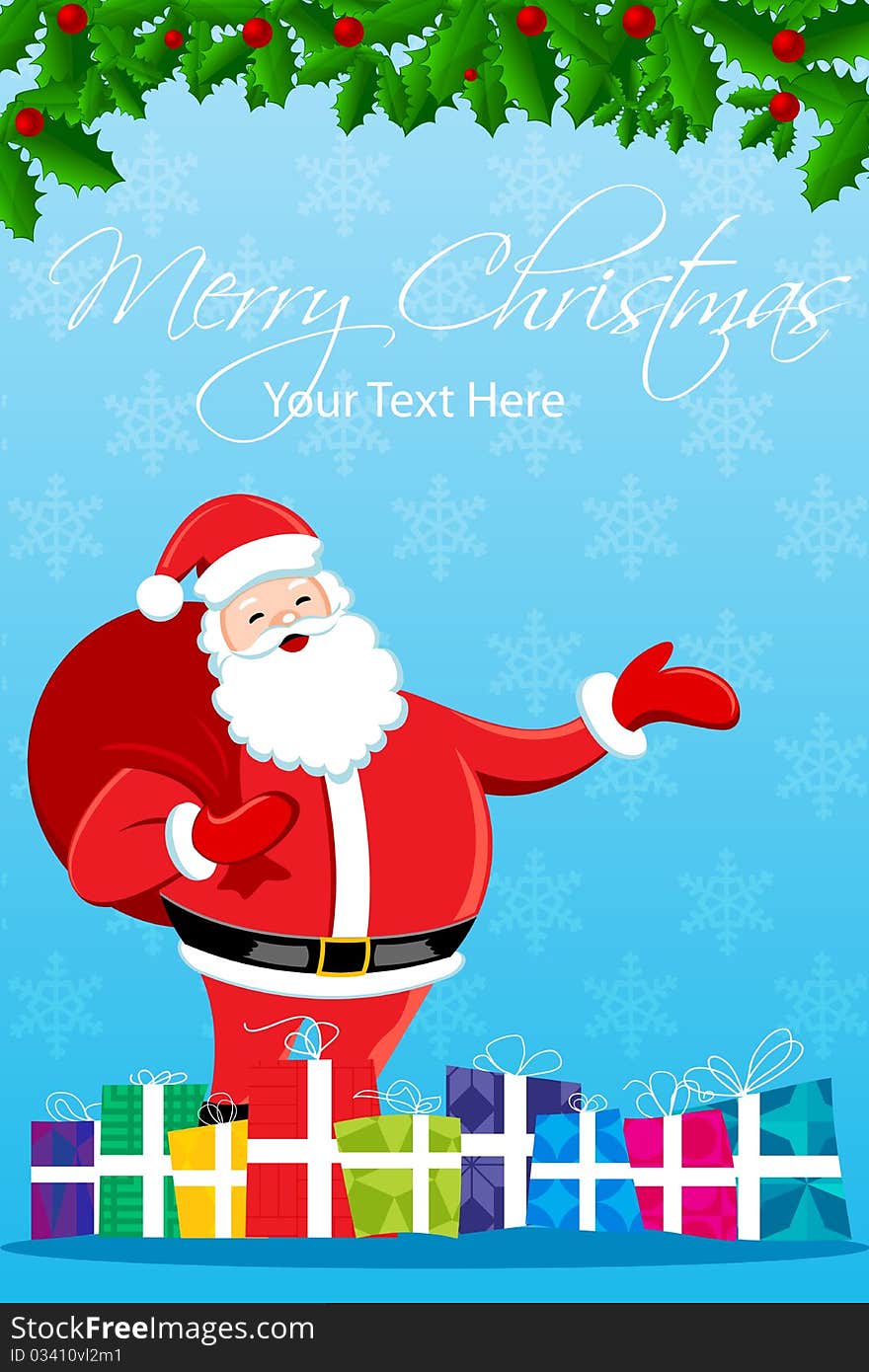 Illustration of merry christmas card with santa on whitye background