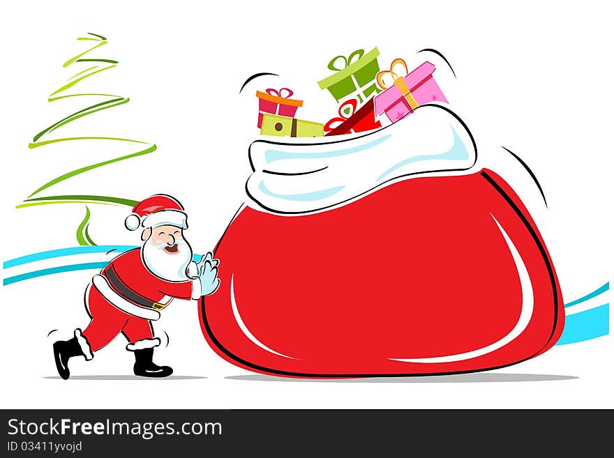 Illustration of merry christmas card with santa on white background