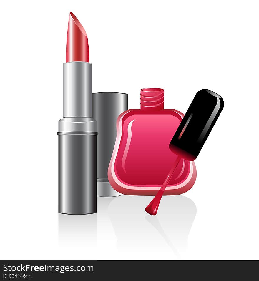 Illustration of nail polish and lipstick on white background