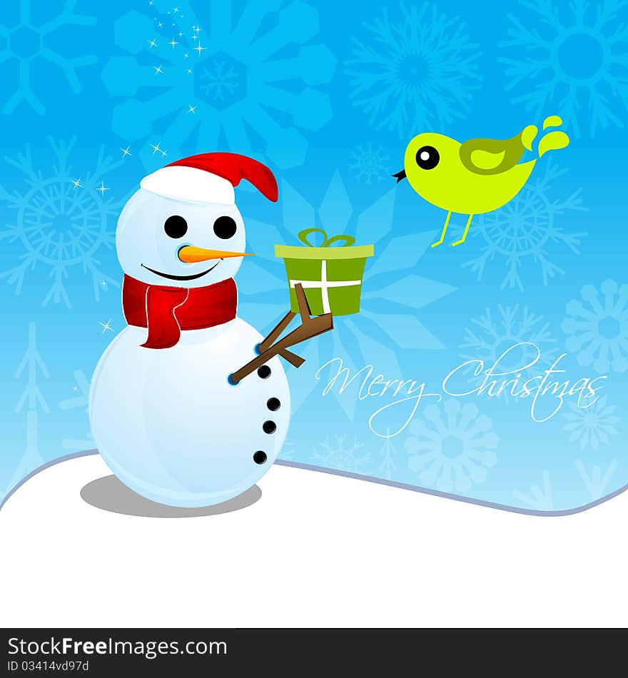 Christmas card with snowman and bird