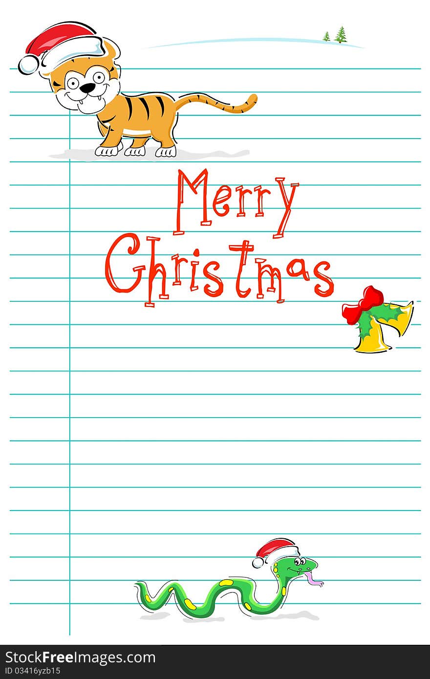 Illustration of merry christmas card with wild animals on white background