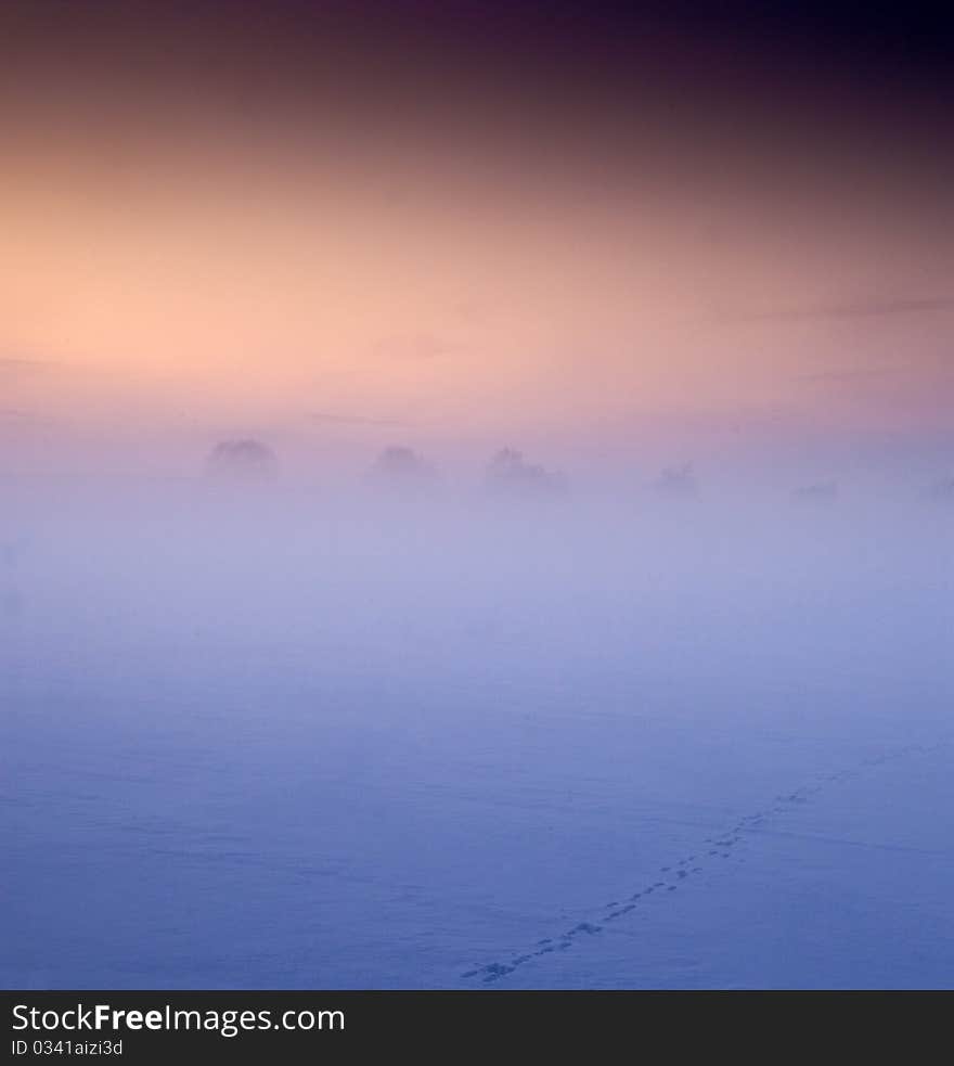 Footprints in a snow misty lanscape after sunset. Footprints in a snow misty lanscape after sunset